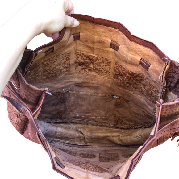 Tooled Vegan Leather Bag Hobo Slouch Drawstring Handmade Chestnut Brown - Picture 11 of 11